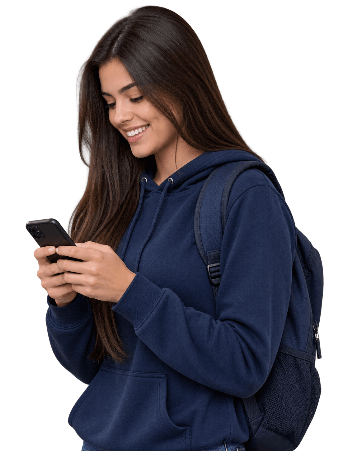 Student smiling while using the school app on a phone