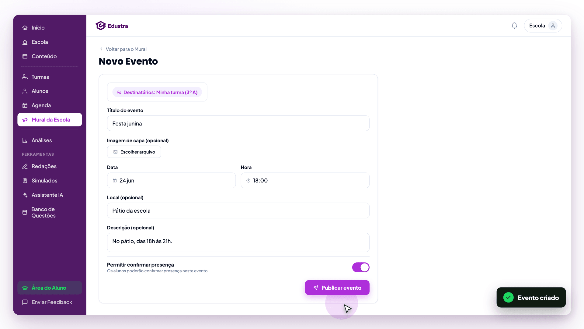 Data, hora e local — com confirmação de presença