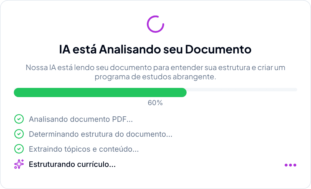 Tela do Edustra mostrando a IA analisando um documento PDF para gerar conteúdo educacional