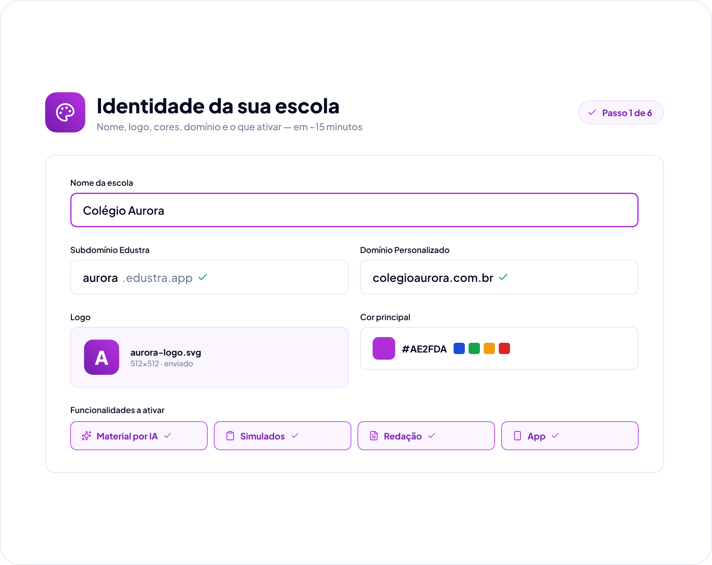 Wizard de onboarding do Edustra com 6 passos numerados e estimativas de tempo curto por etapa